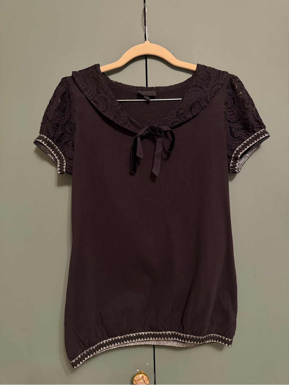Y2k Anna Sui Lace Sleeve Top Womens Black Sheer elastic Trim Bow Detail size S